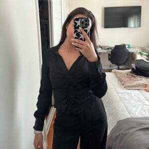 Zara Black Satin V Neck Button Down Top